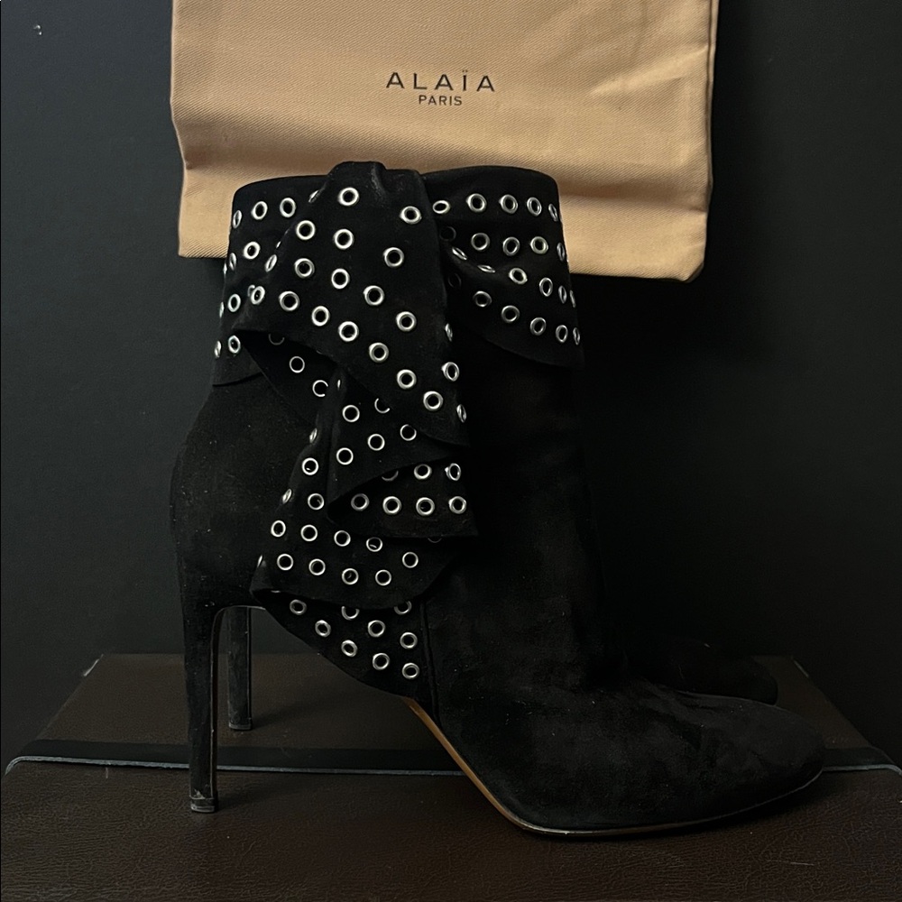 Alaïa Black Suede Grommet Embellished Ruffled Ankle Boots | Size 37 - Picture 3 of 7